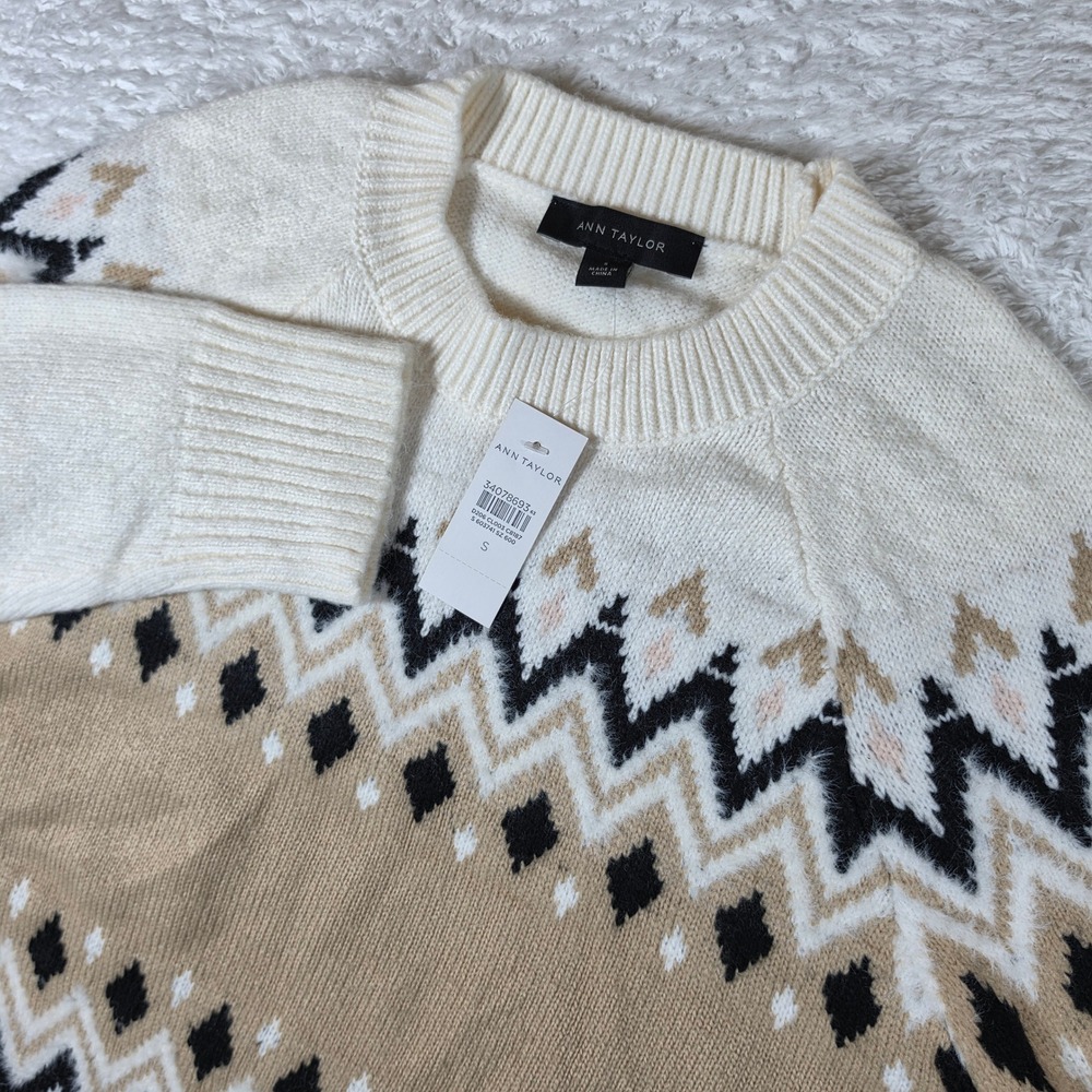 NEW Ann Taylor Fair Isle Womens S Beige Wool Nylon L/S Crew Neck Sweater 603741